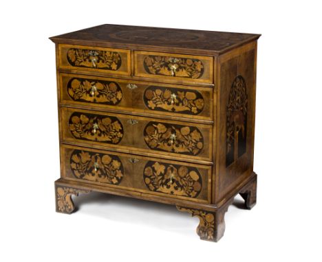 A late 17th Century marquetry chest of two short over three long drawers, on bracket feet, inlays of birds and flowers to top