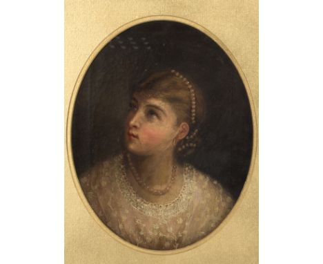 19th Century English School/Portrait of a Young Lady Wearing Pearls/initialled M S/oil on canvas, 30.5cm x 25.5cm/framed as a