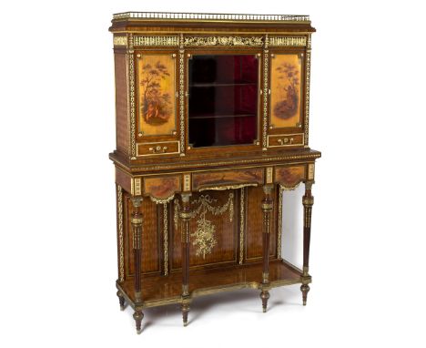 A French 19th Century ormolu mounted kingwood cabinet, the top with three-quarter gallery and applied mounts of goat mask hea