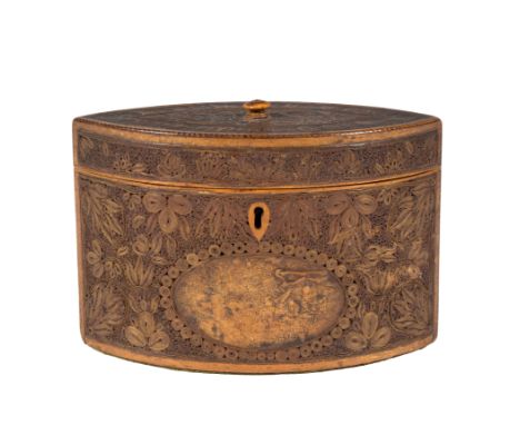 A George III quillwork tea caddy, of oval shape, the quilling around an oval cartouche to the front, the interior with oval c
