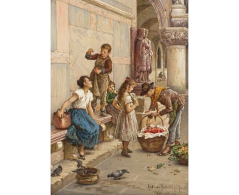Antonio Ermolao Paoletti (Italian 1834-1912)/Venezia/young street vendors beside a church/signed and inscribed/oil on board, 