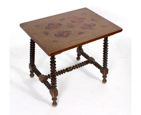 A Spanish occasional table, with quatrefoil tortoiseshell and line inlaid top on bobbin turned legs and uniting stretcher, 56