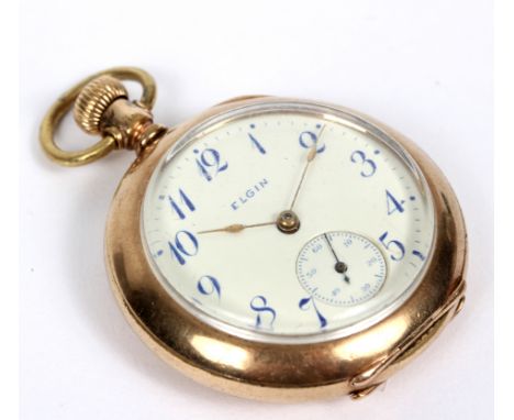 An Elgin gold plated pocket watch, the cream enamel dial with Arabic numerals in blue and subsidiary seconds, fitted a sevent