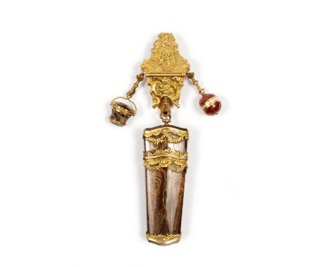 A fine 19th Century gilt metal chatelaine hook suspending a brown agate and gilt metal mounted nécessaire containing a penkni
