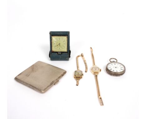 Two 9ct gold cased wristwatches, one strap a/f, a French silver pocket watch, a silver compact with engine-turned decoration 