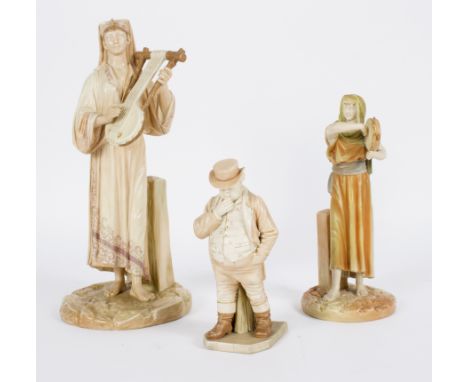 A Royal Worcester figure of a musician, after James Hadley, model no 1084, 31cm high, another holding a tambourine, 23cm high