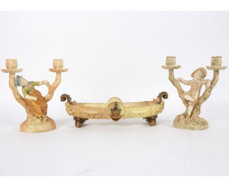 A pair of Royal Worcester two-branch table lights, decorated in shot enamels, 13cm high and a Royal Worcester oval footed dis