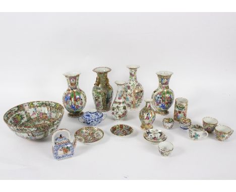 A group of Chinese, mainly Cantonese porcelain, to include a pair of baluster vases, four other various vases, a large famill