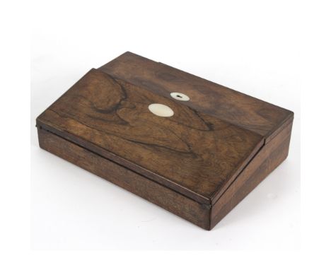 A Victorian rosewood writing slope, with mother-of-pearl vacant cartouche and escutcheon, 35.5cm wide and a small quantity of