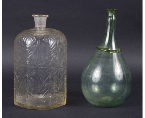 A Continental glass decanter, probably Spanish circa 1800, of shouldered hexagonal form, engraved with a foliate design, toge