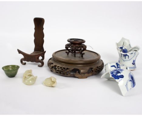An 18th Century blue and white vase and cover (badly broken), a broken jade and various Chinese hardwood stands   Condition R