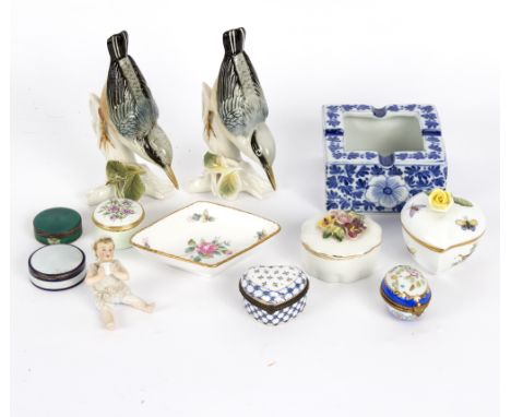 A pair of Continental porcelain birds, two silver and enamel pill boxes and sundry china Condition Report: Bird figure in goo