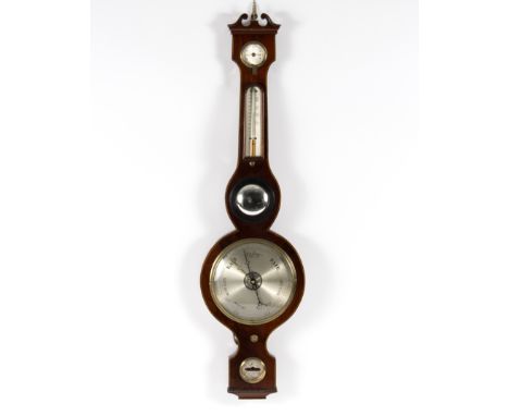 A mahogany cased banjo barometer, fitted a dry/damp dial, thermometer, convex mirror, silvered dial and level, 98.5cm high