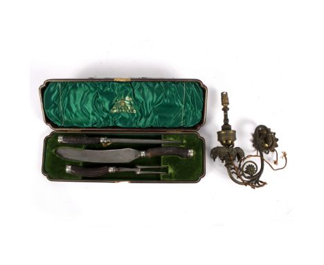 A carving knife, fork and steel with horn handles and a 19th Century gilt metal wall light