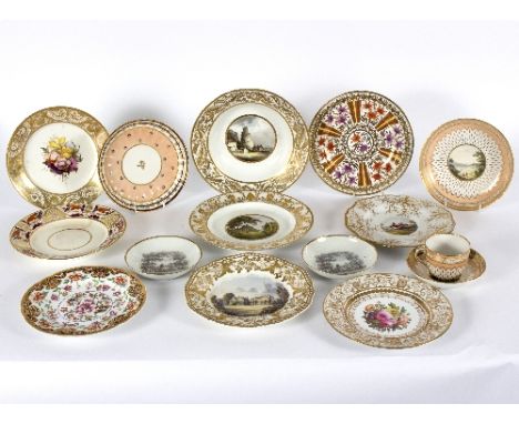 A group of English tea and dessert wares, circa 1790-1840, to include a Derby salmon ground cup, saucer and saucer dish and t