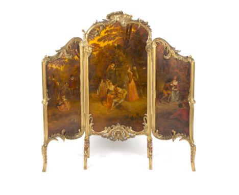 A late 19th Century Vernis Martin style three-panel screen, the gilded frame with acanthus and floral decoration, each of the