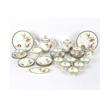 A Royal Worcester part tea service, Old Bow pattern to include two teapots, jug, slop bowl, spoon tray, nine cups, eleven sau