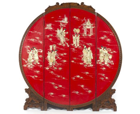 A Chinese circular four-panel folding screen, with carved hardwood surround, the red lacquer ground decorated figures, etc. i