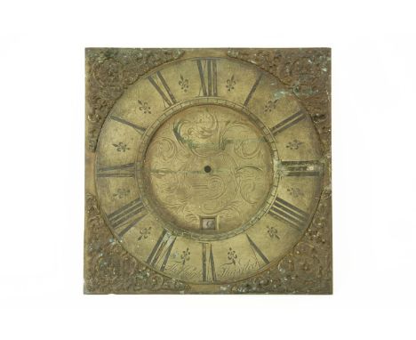 A square brass longcase clock dial plate, inscribed 'Thos. Knight, Thaxted' 25cm. square