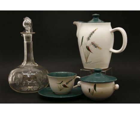 Glassware: six decanters, pair of tall vases, lamp and a Denby 'Greenwheat' pattern, part dinner and tea service