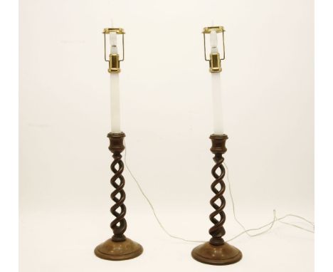 A pair of mahogany candlestick table lamps, with open twist columns, 61cm in overall