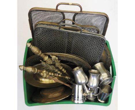 A large collection of miscellaneous metal wares, to include brass Alms dishes, fire guards, a set of three 19th century brass