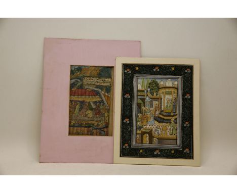 A Persian manuscript panel, with figures processing toward a figure beneath a tent, the reverse with text, 24 x 19cm and anot