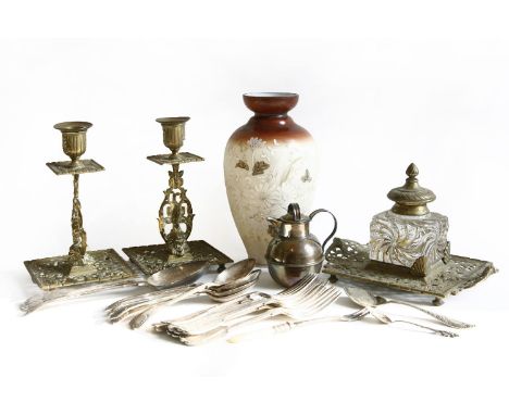 A Victorian glass inkwell on a pierced stand, together with a pair of similar candlesticks, a collection of silver plated Que