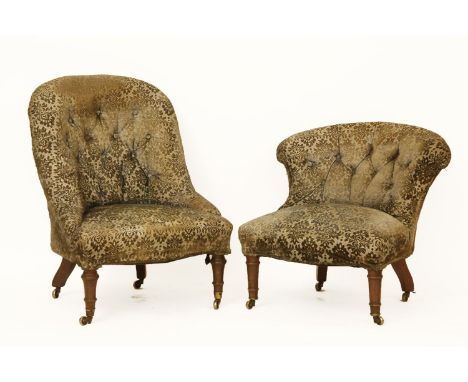 A Victorian button upholstered salon chair on ring turned supports, 60cm wide, together with a further similar chair