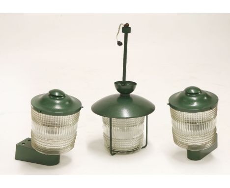 A pair of wall lights, model '1045' by Jean Perzel, 32cm high, and a hanging ceiling light, 50cm high (3)