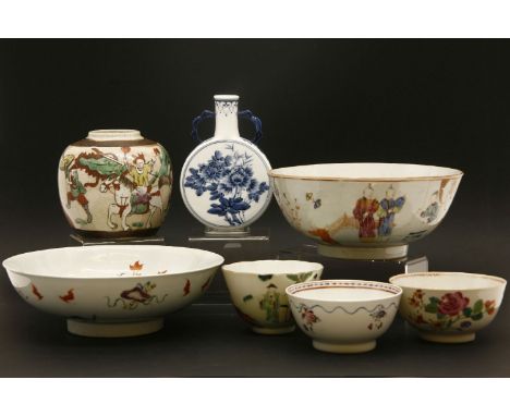 Chinese ceramics: famille rose bowl, ginger jar, blue and white flask, etc