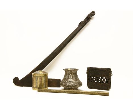 An assortment of ethnic items, to include Eastern metalware pots, a brass pick, a lacquered rush basket, and South Seas axe h
