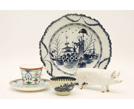 English ceramics: Creamware jug, Worcester (?) tea bowl, etc (damages)