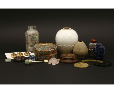 A reverse glass painted Chinese scent bottle, other Chinese scent bottles, Chinese jade items, a rose quarz tortoise, etc.