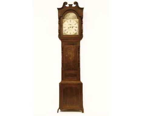 John Wilson, Nuneaton, q 19th century oak and mahogany longcase clock, with a painted arched dial, complete with two weights 