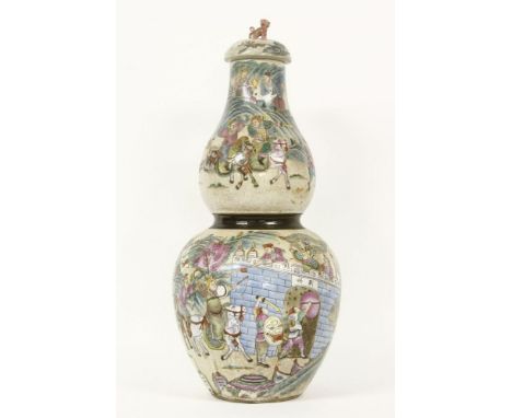 A Chinese double gourd vase and cover, with enamel decoration, a crackle glaze and cafe au lait band57cm high