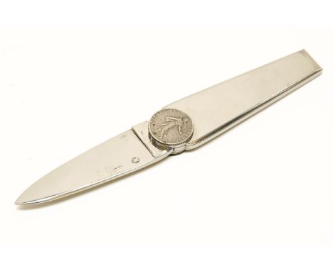 A Hermes folding pocket knife, mounted with a franc to either side, the blade stamped Hermes, 14cm long