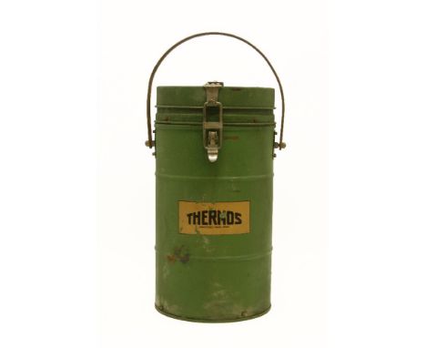 An early 20th century green painted thermos flask of cylindrical form, 35cm tall