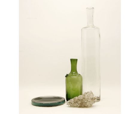 A 20th century clear glass bottle vase, together with a Fontana Arte shallow dish, an Eric Hoglund green glass decanter and a