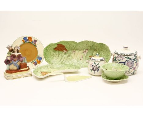 A Clarice Cliff 'Crocus' pattern plate, Royal Winton dishes, a cake slice and other pottery