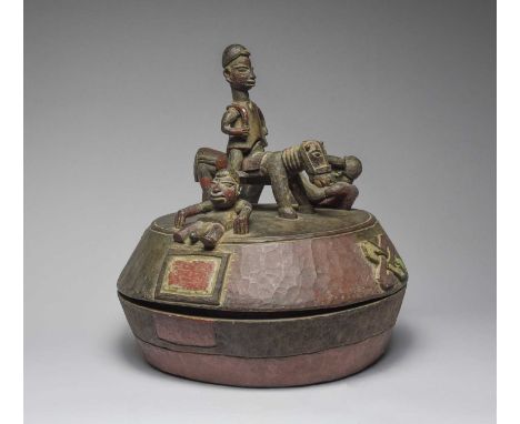 A Yoruba divination box and cover opon igede ifa Nigeriathe base with a divided interior and the cover with an equestrian fig