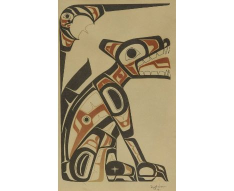 Roy Henry VickersCanada, b. 1946Seated wolf, howling under the moon,silkscreen, 22cm x 14cm, framed and glazed.