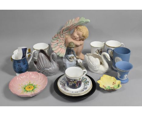 A Collection of Ceramics to Comprise Goebel Swan, Sleeping Cherub Ornament (Wing Tip Glued), Commemorative Wares, Carlton War