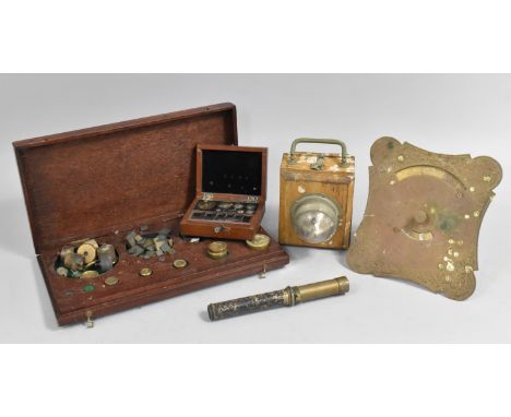 A Collection of Vintage Items to Comprise Wooden Case Containing Various Weights, Desktop Calendar Etc 