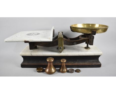 A Set of Late 19th/Early 20th Century Shop Scales with Brass Pan, Unrelated Copper Weights and Ceramic Plate Inscribed Parnal