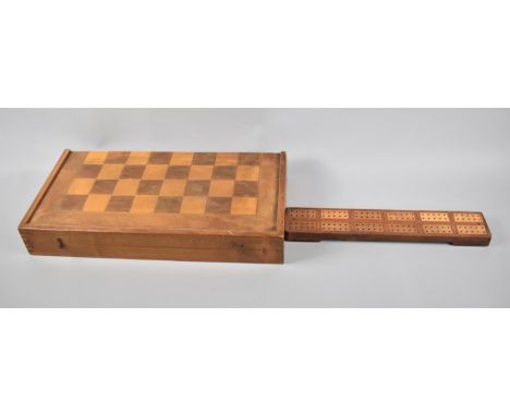 A Mid 20th century Stained Wooden Draughts Board with Combination Chess and Draughts Pieces Together with a Cribbage Board, C