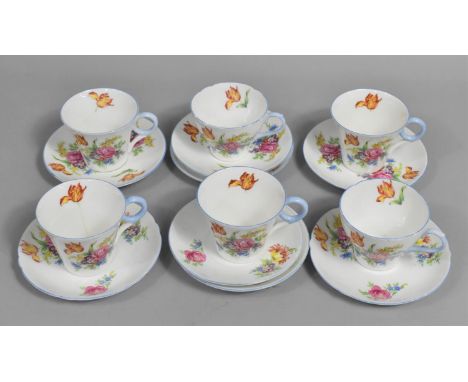 An Early/Mid 20th Century Part Shelley Service to Comprise Six Cups and Nine Saucers with Floral Decoration and Blue Trim, Co