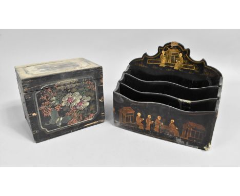 A Vintage Lacquered Papier Mache Three Division Letter Rack together with a Small Floral Decorated Box, Condition Issues 