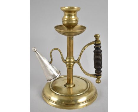 A Brass Bed Chamber Stick, in the Manner of Christopher Dresser with Unrelated White Metal Snuffer, 19cms High 