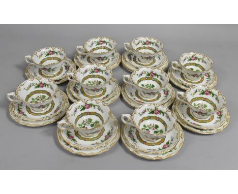 A Crescent Ware Tea Set Decorated with Floral Swags and Central Flowers with Gilt Trim to Comprise Nine Cups, Ten Saucers and